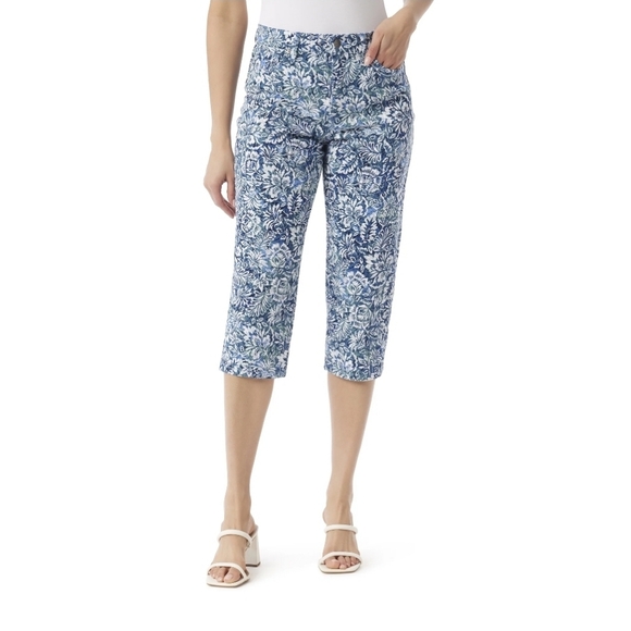 ​Gloria Vanderbilt Amanda Capri Jeans Blue & White Floral Print - NWT Size 16 - Picture 1 of 10